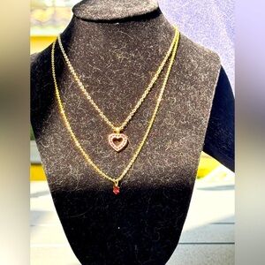 Two Necklace Bundle Heart Pendant & Pink Stone EUC Adjustable